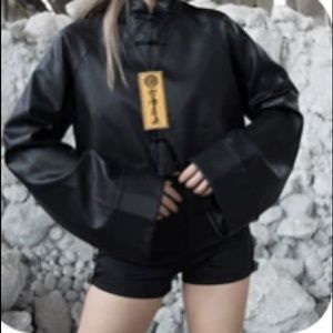 Leather long sleeve crop top with Chinese style dress element and necklace